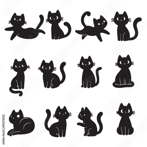 set of black cats silhouettes on white	