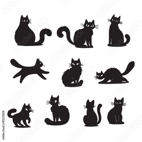 set of black cats silhouettes on white	