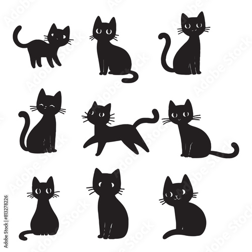 set of black cats silhouettes on white	