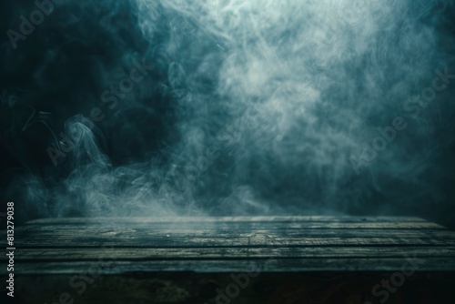 Fog In Darkness - Smoke And Mist On Wooden Table - Abstract And Defocused Halloween Backdrop - generative ai