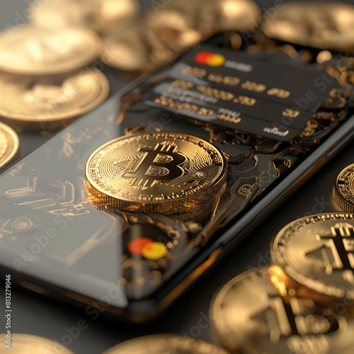 Dynamic display of cryptocurrency wealth with falling coins around a smartphone and credit card, illustrating digital finance and investment - AI generated