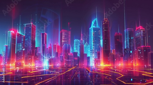 Digital futuristic city skyline with glowing data lines