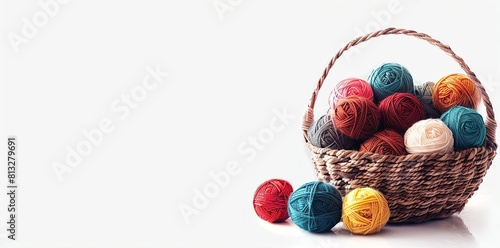 Colorful balls of yarn in a basket on a white background, in a top view. Knitting and craft work concept banner.