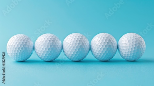 Five white golf balls aligned on blue background photo