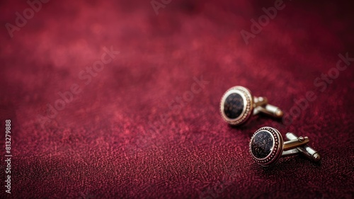 Pair of round cufflinks with dark insets on textured burgundy background photo
