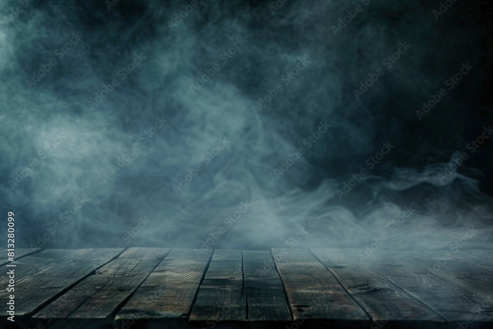 Fog In Darkness - Smoke And Mist On Wooden Table - Abstract And Defocused Halloween Backdrop - generative ai Fog In Darkness - Smoke And Mist On Wooden Table - Abstract And Defocused Halloween Backdrop - generative ai