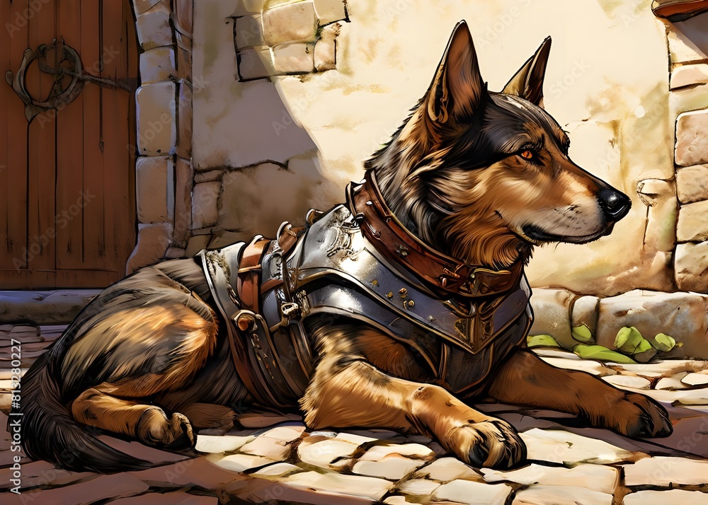 medieval dog with armour