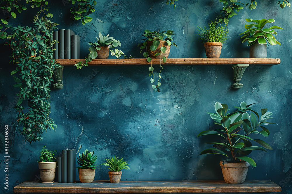 A shelf with potted plants and books A shelf with potted plants and books