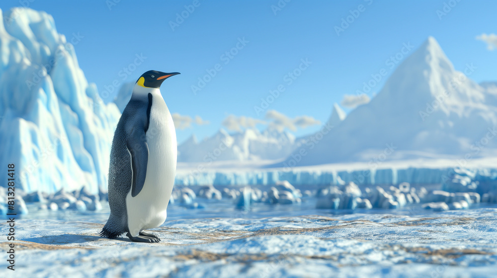 Fototapeta premium Emperor penguin in the Antarctic landscape, Icebergs and snow in the background