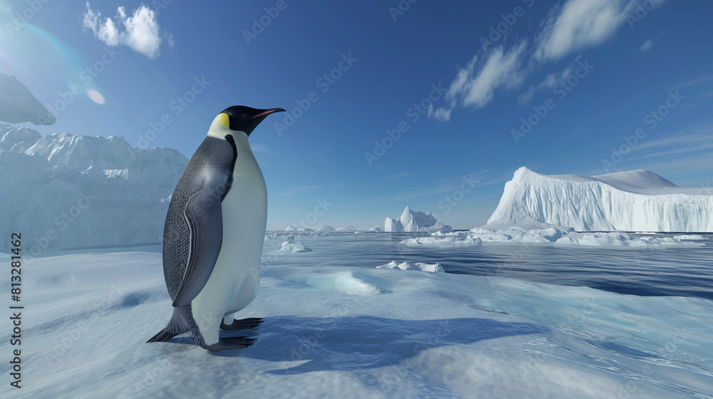 Fototapeta premium Emperor penguin in the Antarctic landscape, Icebergs and snow in the background
