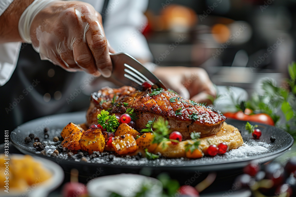 A chef is cutting a piece of meat on a plate with vegetables and berries A chef is cutting a piece of meat on a plate with vegetables and berries