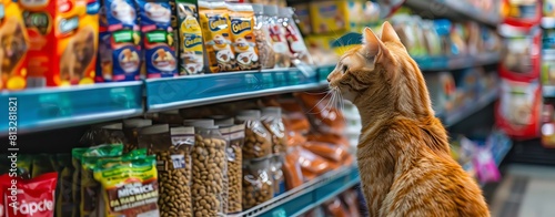 A ginger cat is exploring the pet food aisle at an outdoor grocery store, curiously observing different types of dog and cats foods on shelves. The vibrant colors and textures of each product stand