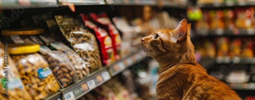A ginger cat is exploring the pet food aisle at an outdoor grocery store, curiously observing different types of dog and cats foods on shelves. The vibrant colors and textures of each product stand ou