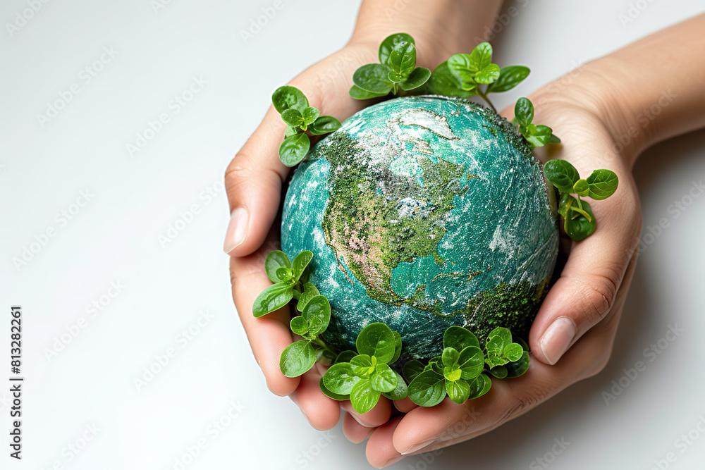 A person is holding a globe with green plants on it A person is holding a globe with green plants on it