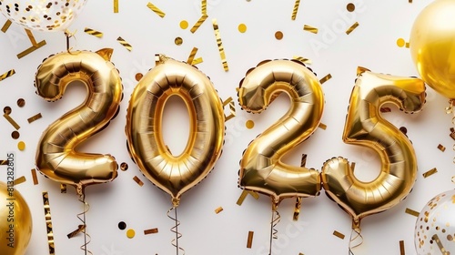 New Year 2025 gold foil balloons. Number 2025 from foil. Gold confetti and celebration.