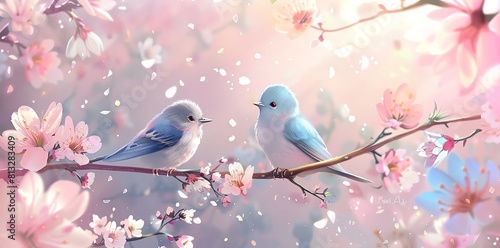 Two cute birds on a branch, surrounded by flowers in a cartoon style with pastel colors featuring pink and blue tones. Detailed background elements in a vector illustration painted in the watercolor s