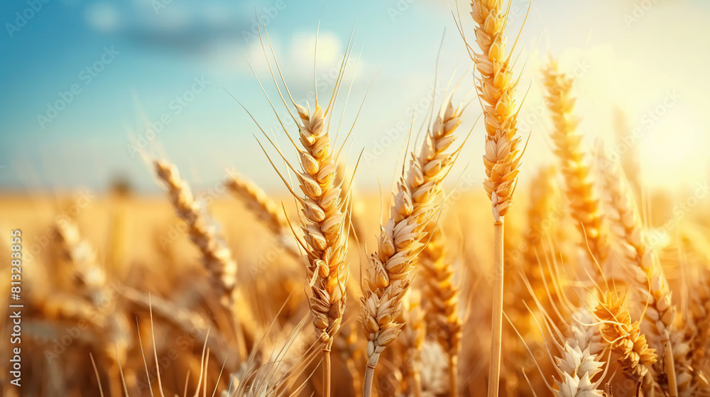 Fototapeta premium Close up wheat field at golden hour, bathed in warm sunlight, whole grain field. Generative AI