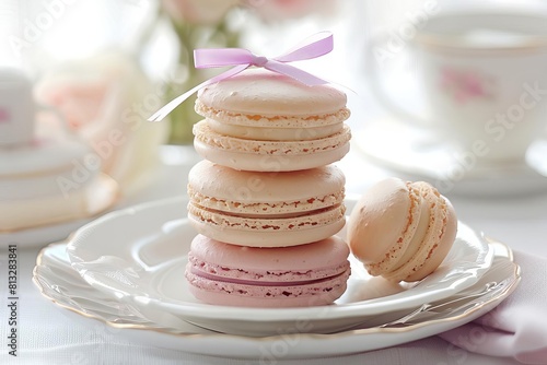 elegant macaron stack ribbontied cookies on white ceramic plate food photography photo