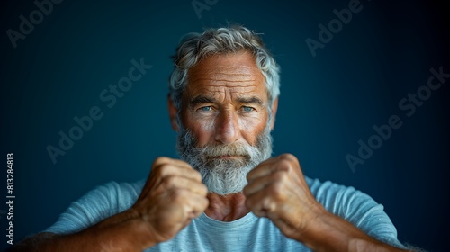 Homem com idoso com punhos cerrados, preparado para lutar por tudo, ele não desiste apesar da idade, esta pronto para desafios. photo