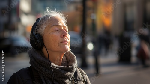 Senhora idosa respirando profundamente enquanta pega sol e recupera vitamina D, ouvindo música com seus fones de ouvido aguardando os netos photo