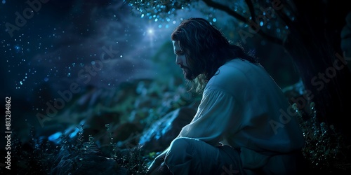 Jesus orando no jardim, ele está cansado e dedica a noite a orar ao pai que estás o céus. photo