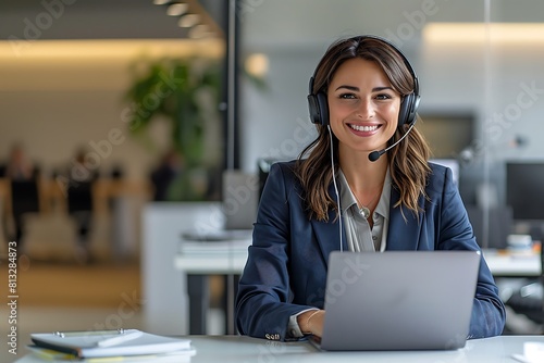 Uma mulher atendendo o setor telemarketing, com fones de ouvidos e computador, ela tem um sorriso perfeito e encantador photo
