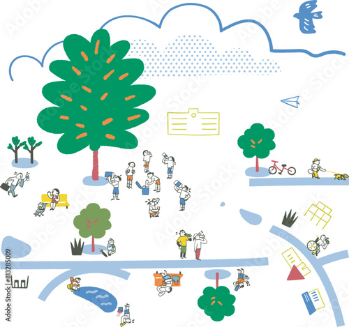 熱い夏の日大きな木の木陰で水分補給する人々　熱中症対策　イラスト素材のセット
