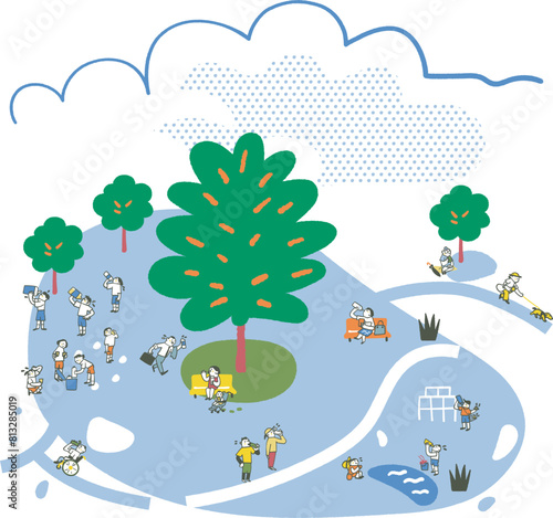 熱い夏の日大きな木の木陰で水分補給する人々　熱中症対策　イラスト素材のセット
