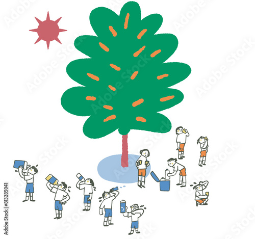 強い日光のした大きな木の木陰で水分補給する体操服の学生たち　イラスト素材
