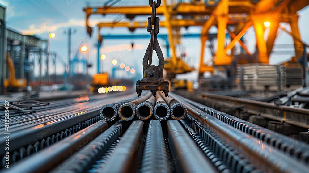 Obraz premium A crane is lifting steel bars from the warehouse and filling them into rolls of iron profile on tracks in front, blurred background of construction site with cranes and trucks, steel bar warehouse