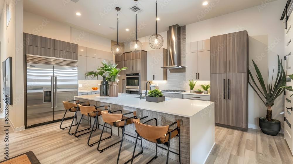 modern kitchen with sleek countertops, stainless steel appliances, and a spacious island illuminated by stylish pendant lights.