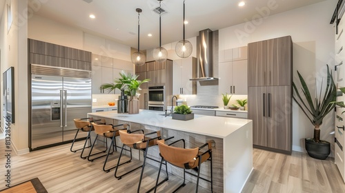 modern kitchen with sleek countertops  stainless steel appliances  and a spacious island illuminated by stylish pendant lights.