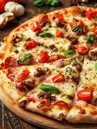 Photo of a slice of pizza , tasty pizza with mushrooms and tomatoes , toppings