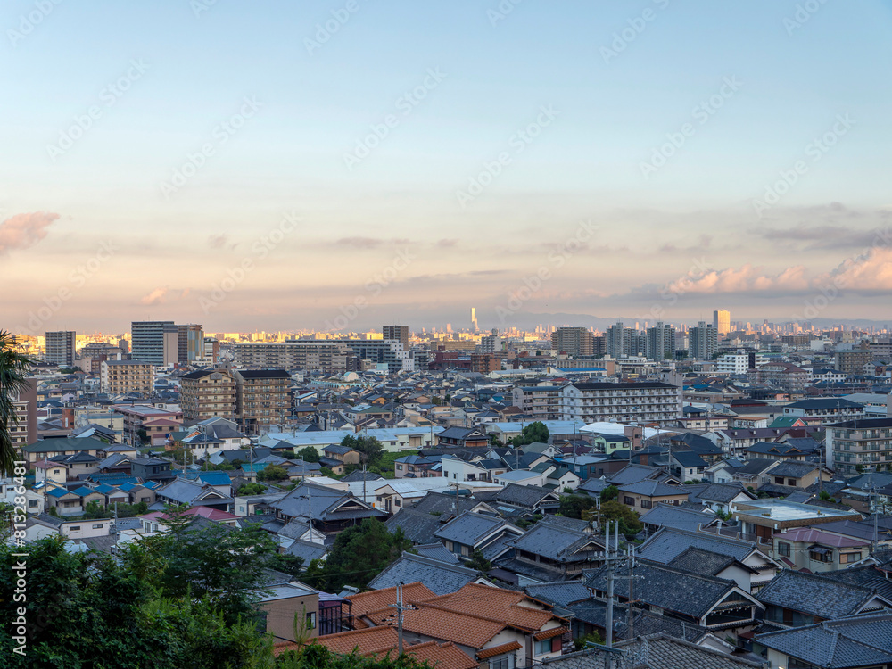 Obraz premium 朝日に照らされた大阪の都市景観