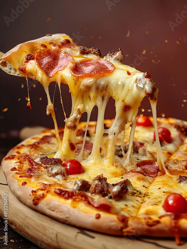 Photo of a slice of pizza , tasty pizza with mushrooms and tomatoes , toppings