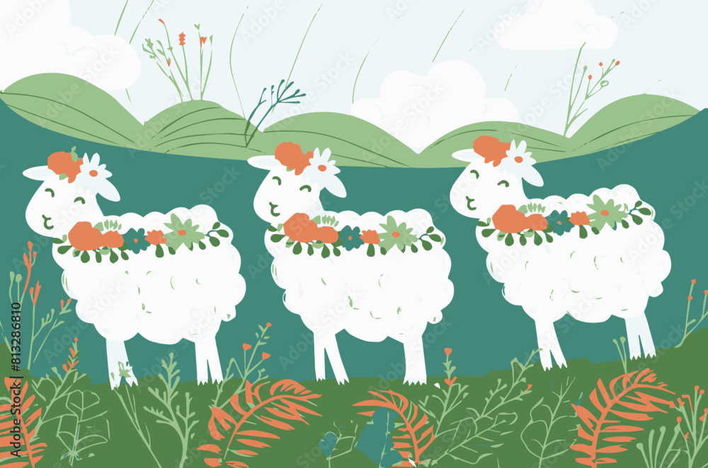 Three Happy Sheep in a Flower Garden, Cute Illustration of Sheep with Floral Crowns Three Happy Sheep in a Flower Garden, Cute Illustration of Sheep with Floral Crowns