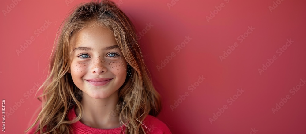 portrait of happy smiling 10 yo girl wearing pastel red sweatshirt isolated on solid color background. portrait of happy smiling 10 yo girl wearing pastel red sweatshirt isolated on solid color background.