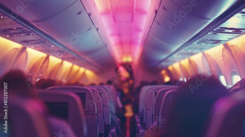 Interior of airplane with passengers on seats and stewardess in uniform walking the aisle, serving people, Commercial economy flight service concept, blur view, aesthetic look