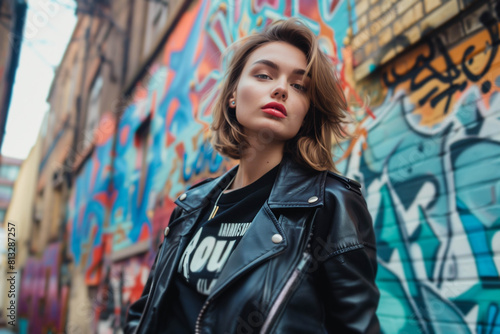 Fashionable young Caucasian woman posing in an urban alley, featuring vibrant graffiti artwork in the background