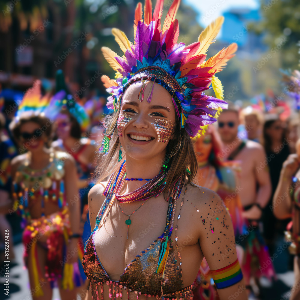 A joyful woman participates in a colorful and lively carnival parade, dressed in a vibrant costume adorned with feathers and beads