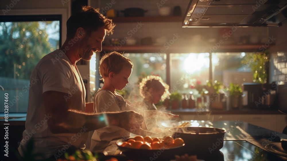 Caucasian father teaching his children to cook in a sunlit kitchen, sharing a bonding moment while preparing dinner Caucasian father teaching his children to cook in a sunlit kitchen, sharing a bonding moment while preparing dinner