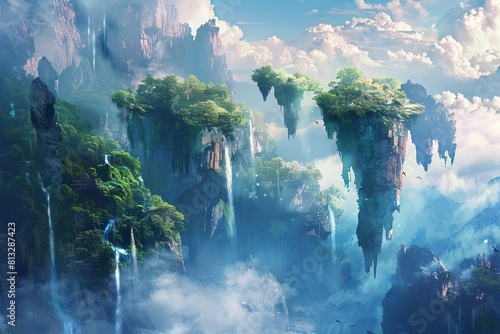 ethereal fantasy landscape with floating islands and waterfalls dreamy digital painting