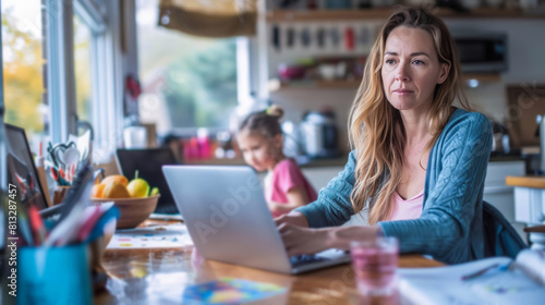 A focused Caucasian woman working on her laptop at home, with her young daughter studying in the background