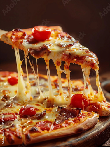 Photo of a slice of pizza , tasty pizza with mushrooms and tomatoes , toppings photo