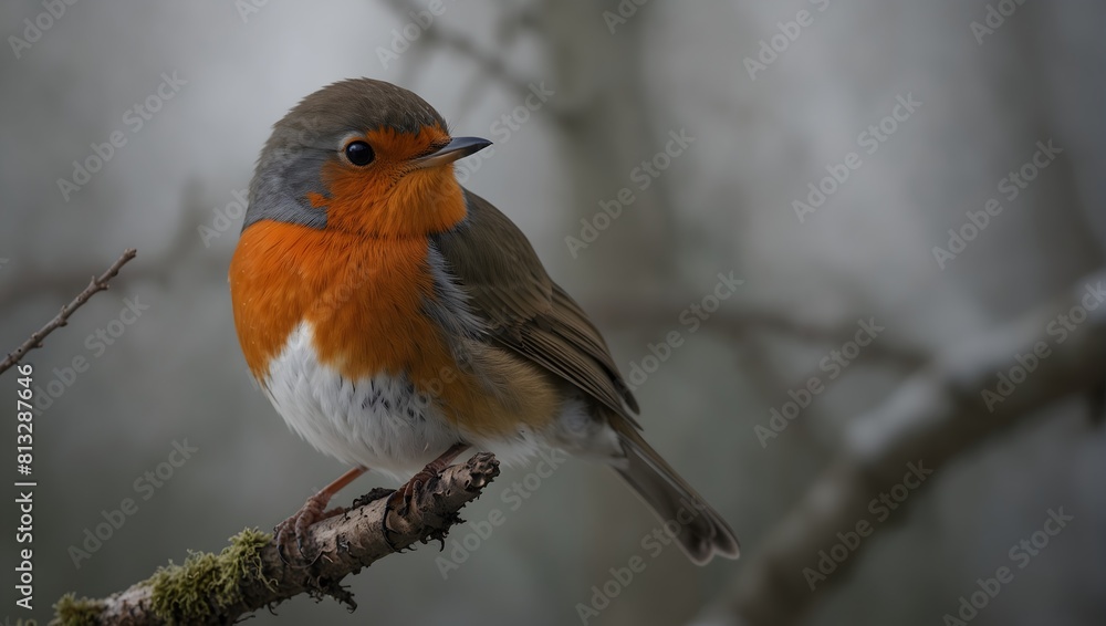 A solitary robin rests on a branch, its vibrant red breast a striking contrast against the serene backdrop of a solid white expanse ai_generated A solitary robin rests on a branch, its vibrant red breast a striking contrast against the serene backdrop of a solid white expanse ai_generated