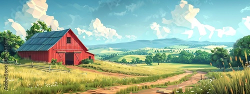 Low poly farm landscape with barn and fields. photo