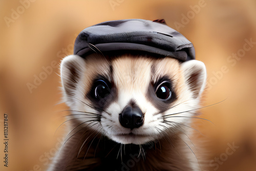 Black Footed Ferret wearing a cute hat photo
