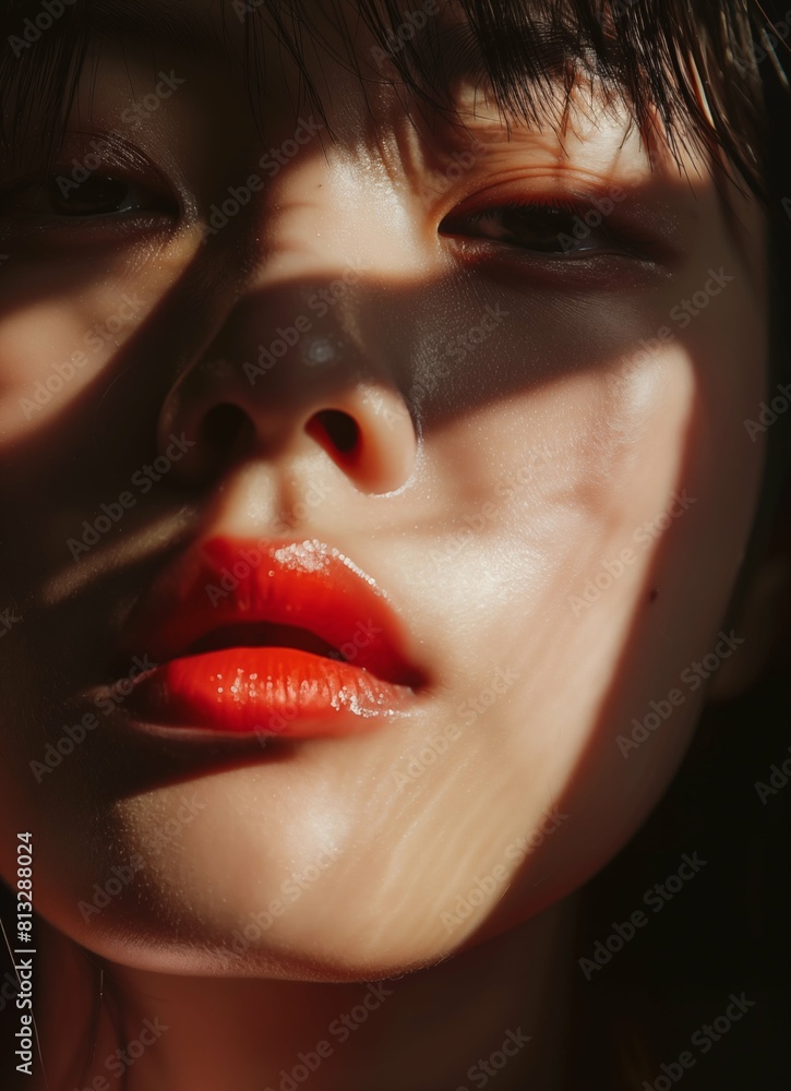 Obraz premium A closeup of an Asian woman's face, lit by the sun and casting shadows on her skin, highlighting its texture and glow.