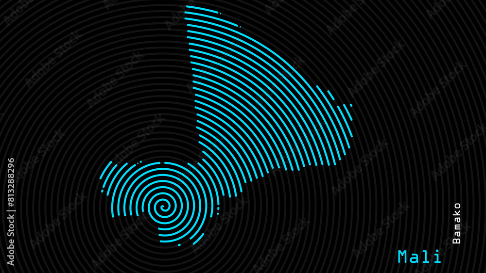 A map of Mali, with a dark background and the country's outline in the shape of a colored spiral, centered around the capital. A simple sketch of the country. A map of Mali, with a dark background and the country's outline in the shape of a colored spiral, centered around the capital. A simple sketch of the country.