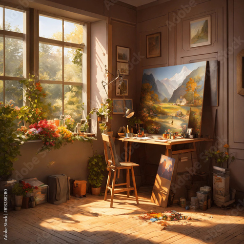 Artist studio HD 8K wallpaper Stock Photographic Image, Painters capturing moments on canvas their brushes breathing life into scenes both real and imagin, 

 photo